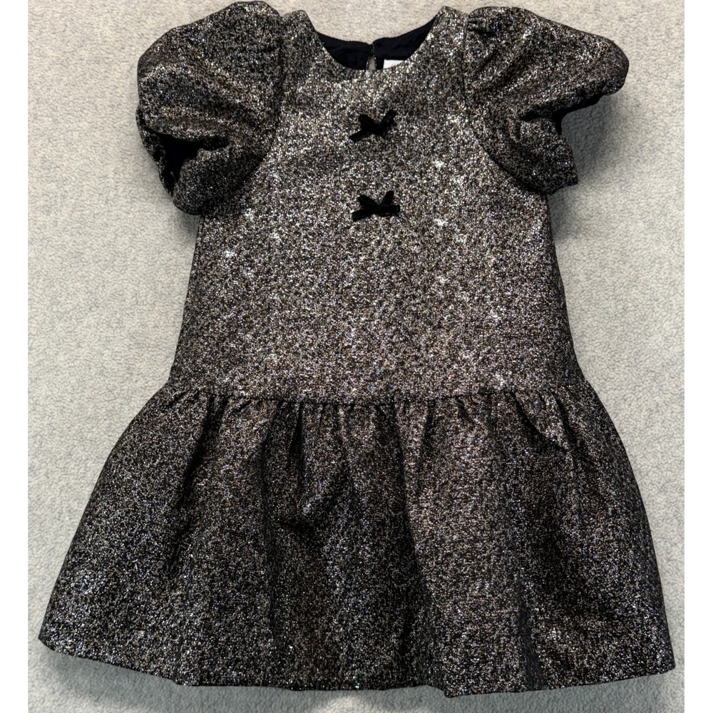 Zara Girls Dress Black Metallic Sparkly Velvet Bows Knee Length Puff Sleeve 6Yrs